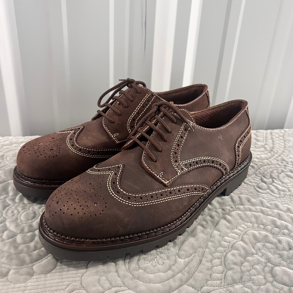 Arizona Mens Brown Wingtip Brogue Lug Sole Oxford Shoes Contrast Stitch Sz 12